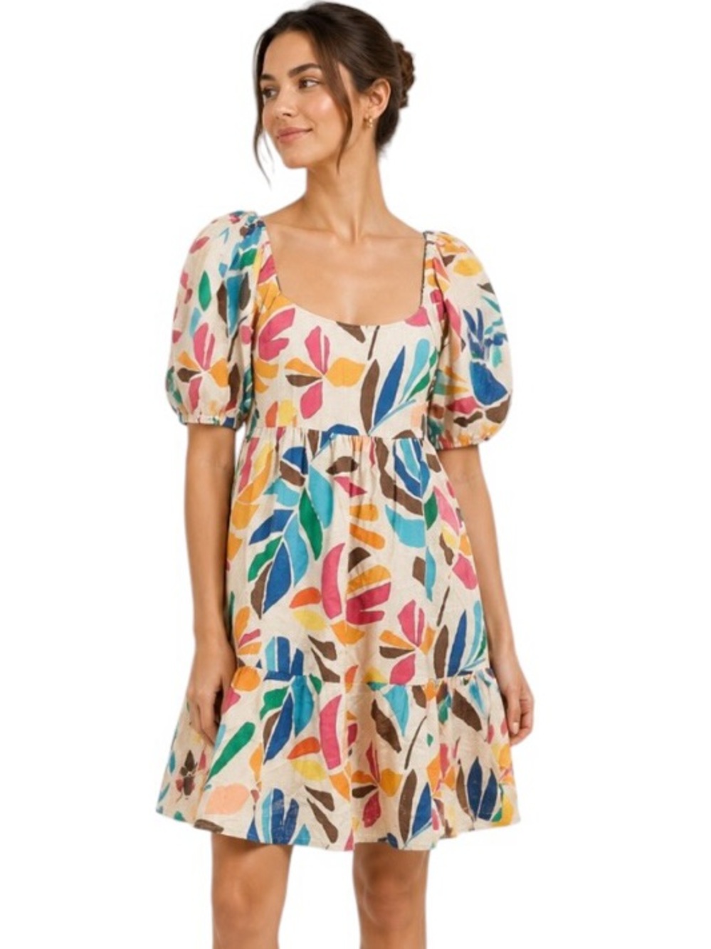 Tabitha Brown Linen Babydoll Tropical Mini Dress Pockets Size XXS